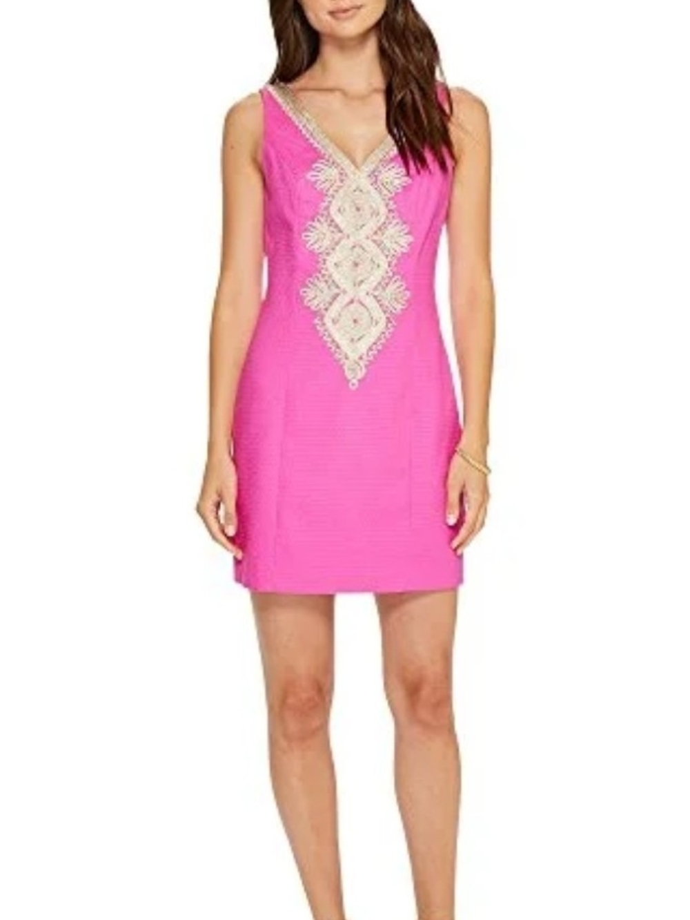 Lilly Pulitzer Hot Pink V-Neck Shift Dress with Cream Lace